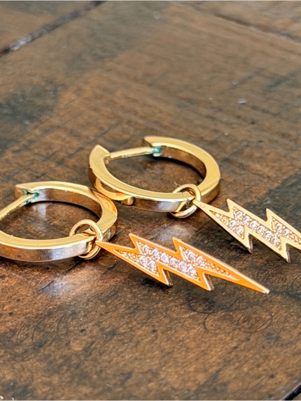 Gold Lightning Bolt Hoop Earrings with Crystal Inlay